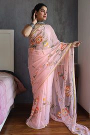 Elegant Hand Painted Chiffon Saree with Zari Border - Perfect for Special Occasions